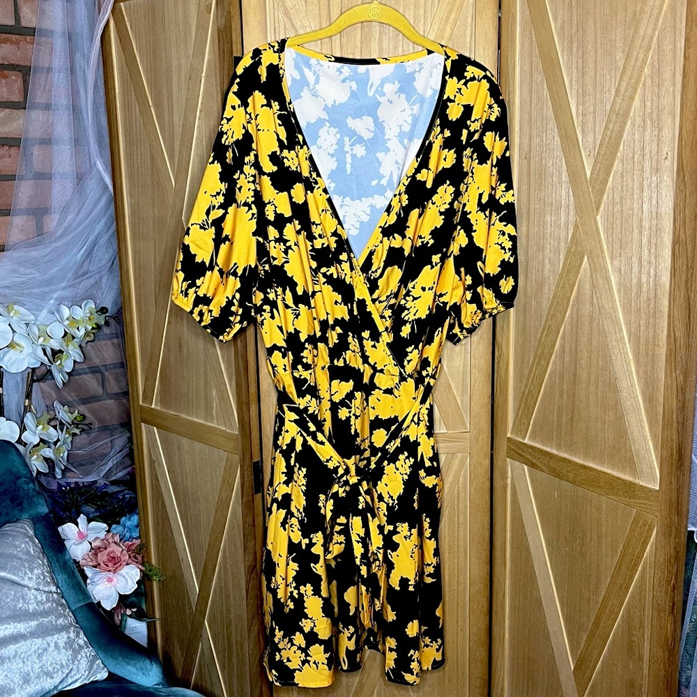 Golden Yellow and Black Floral Tea Length Open Faux Wrap Casual Plus Size Dress